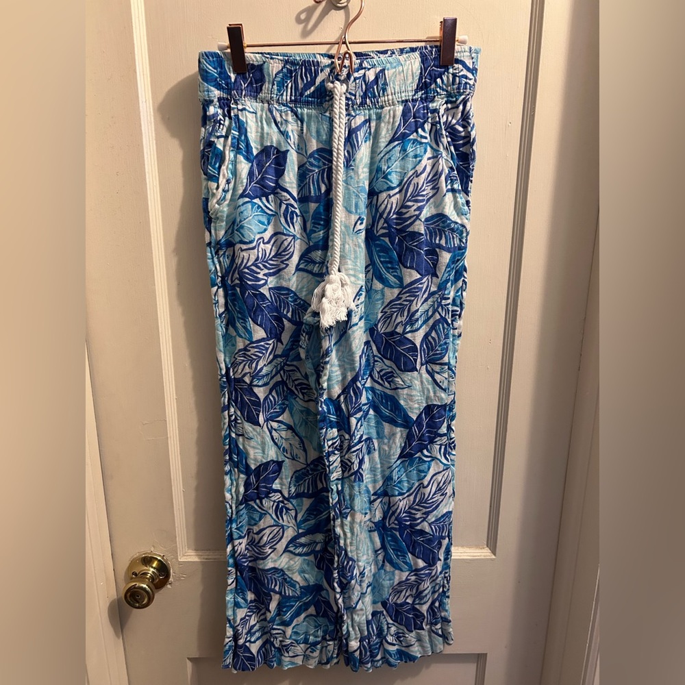 Sigrid Olsen wide-leg pull-on pants 100% linen blue tropical leaf botanical M‎